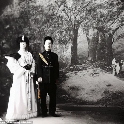 Image similar to A wide-angle, full-shot, colourful black-and-white Russian and Japanese historical fantasy photograph taken within the royal wedding venue in 1907 that was inspired by an enchanted ethereal forest was photographed by the event's official photographer.