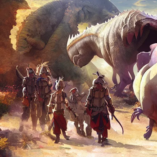 Image similar to the expedition with explores, warriors and adventurers, being brought by gigantic triceratops, the desert of duhnes medium shot, studio ghibli animation, anime key art by craig mullins, bloom, dramatic lighting