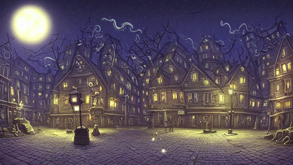 Prompt: empty lovecraftian town square surrounded by houses and inns. cthulhu statue. lovecraftian city at night by cyril rolando and naomi okubo and dan mumford and ricardo bofill. lovecraft. cobbled streets. oil lamp posts. lovecraftian. starry night swirly sky.