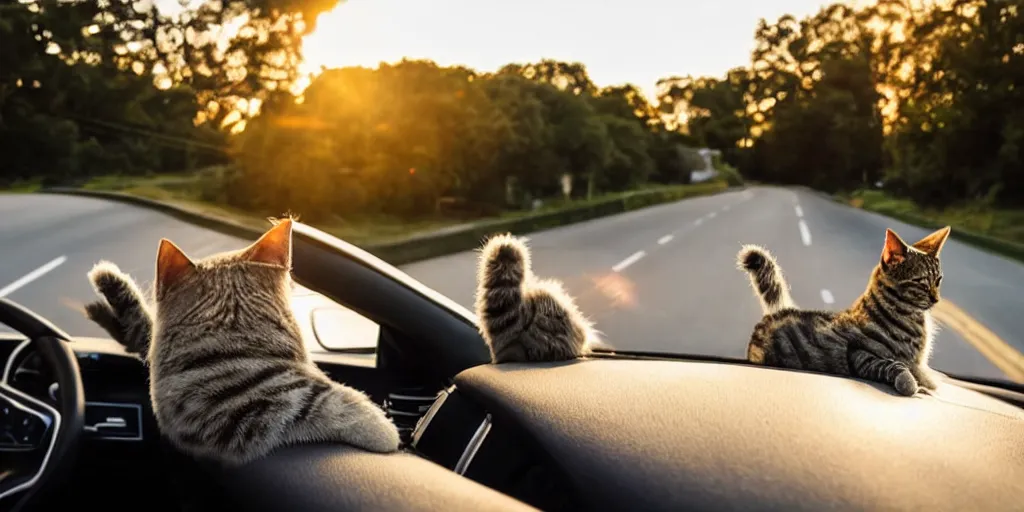 Image similar to birds eye view of convertible, cat homies chilling in car, paws on steering wheel, paw hanging out of window, golden hour, clear sky, unobstructed road