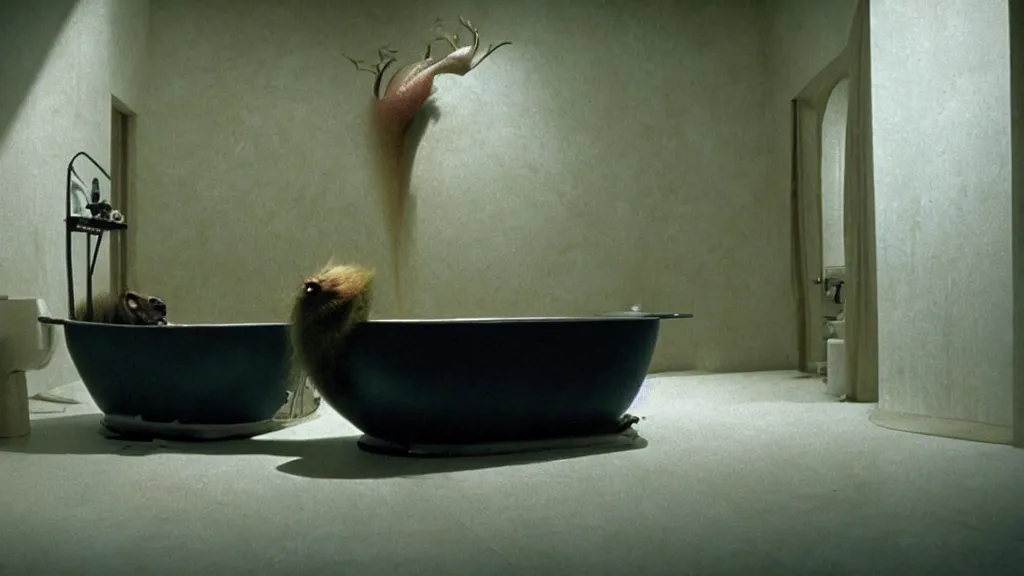 Prompt: the strange creature in a bathtub, film still from the movie directed by Denis Villeneuve with art direction by Salvador Dalí, wide lens