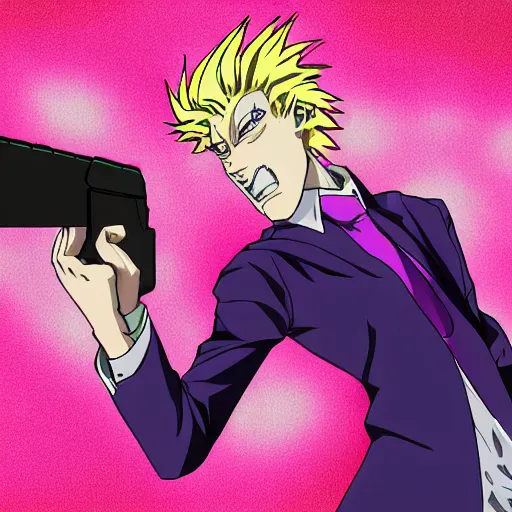 Image similar to kira yoshikage with a gun, high quality anime art