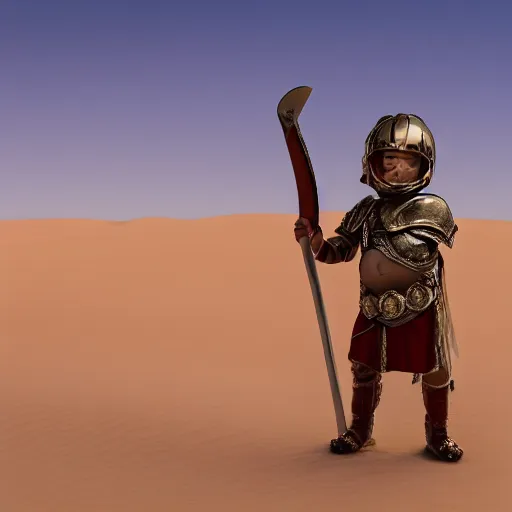 Image similar to cinematic shot of a cute baby wearing ancient roman armor and holding a sword in a desert, 8 k, very detailed, very intricate,