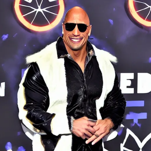 Prompt: dwayne johnson dressed as a billie eilish on a halloween night