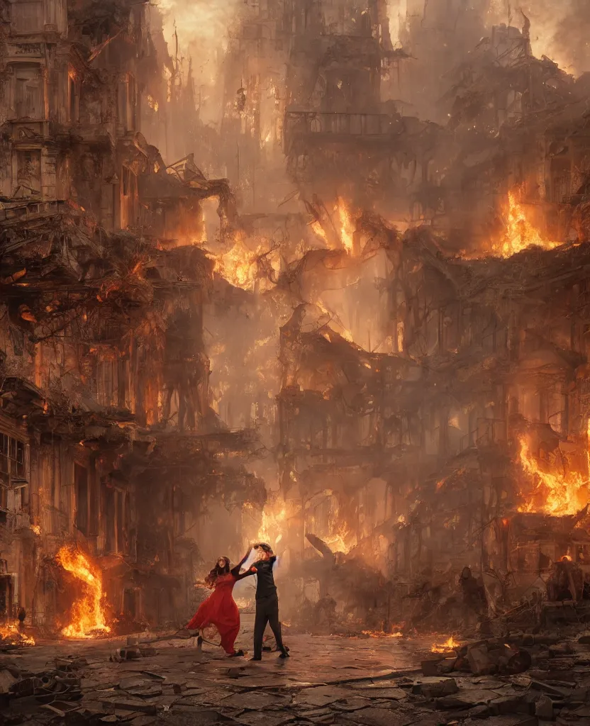 Prompt: concept art of one couple dancing in the middle of ruins of a victorian city surronded by fire by j. c. leyendecker, wlop, ruins, dramatic, octane render, epic painting, extremely detailed, 8 k