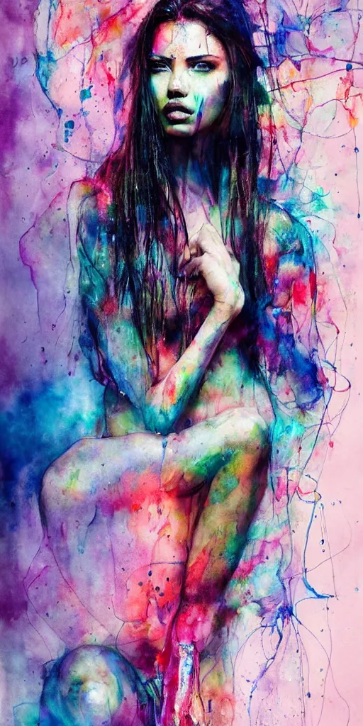 Image similar to adriana lima by agnes cecile enki bilal moebius, intricated details, sitting on a stool, full body portrait, extremely luminous bright design, pastel colours, drips, autumn lights