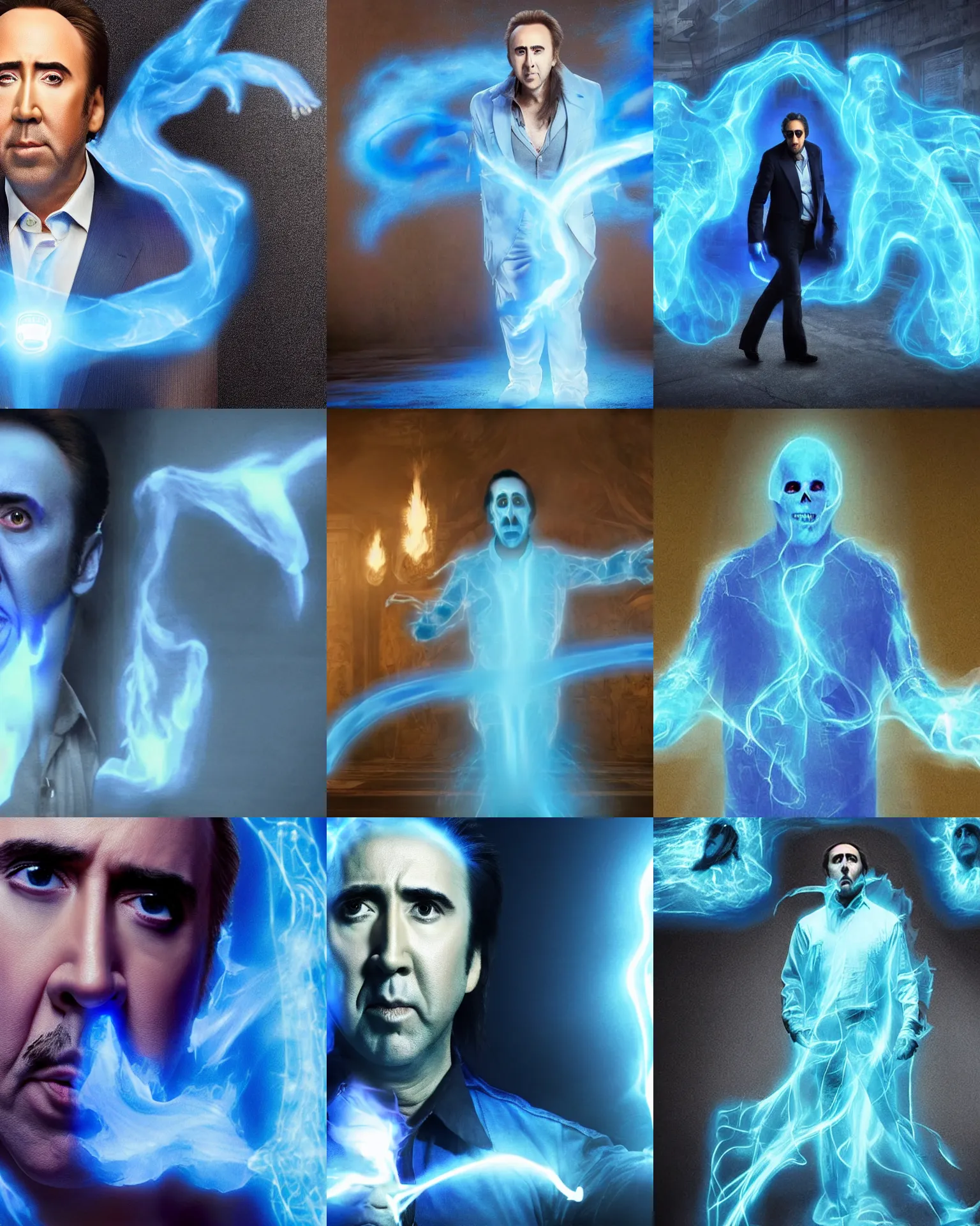 Prompt: nicolas cage as a blue ghost with a ghostly tail, glowing, 2 0 1 5 viral product advertisement hd, commercial banner, english text