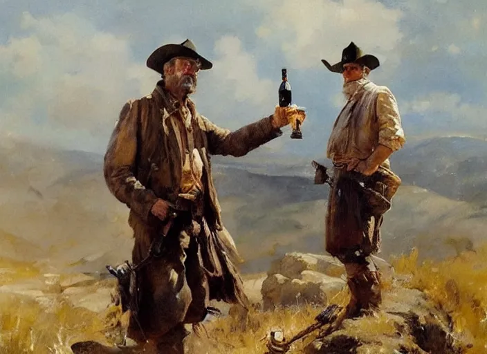 Image similar to oil painting of old rugged cowboy with whiskey bottle and gun, art by anders zorn, wonderful masterpiece by greg rutkowski, beautiful cinematic light, american romanticism by greg manchess