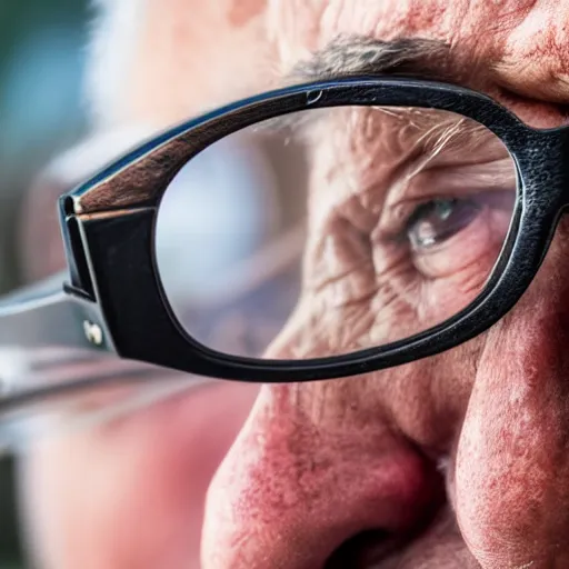 Prompt: photo close up of a sad old man wearing glasses, in the relection of the glasses you can see a brown bear ( eos 5 ds r, iso 1 0 0, f / 8, 1 / 1 2 5, 8 4 mm, postprocessed,, crisp face, facial features )