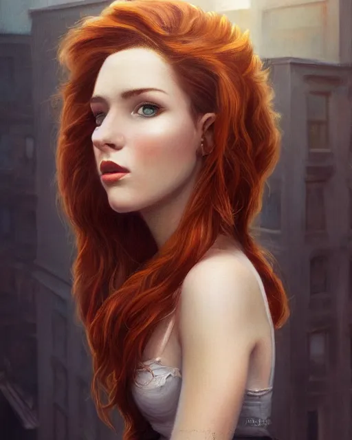 Prompt: an realistic fine art painting of a early twenties female sitting on top of a building in the city with flowing auburn hair, inspired by Tom Bagshaw, studio portrait, muted colors, detailed hair, cinematic lighting, trending on artstation, god lighting, 4K