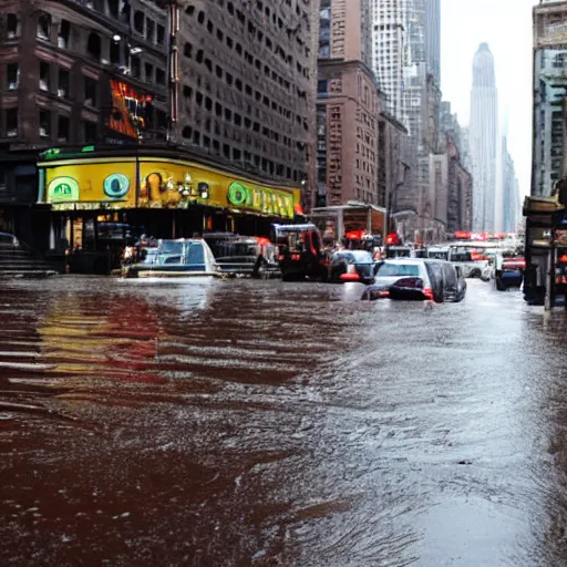 Image similar to new york city abandoned, rain with chocolate liquid, flooding with chocolate melting liquid