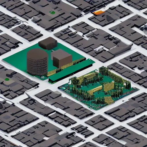 Prompt: a 3D render of an isometric motherboard city