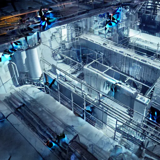 Image similar to photo of an inside nuclear power plant at night birds eye view inception cinematic