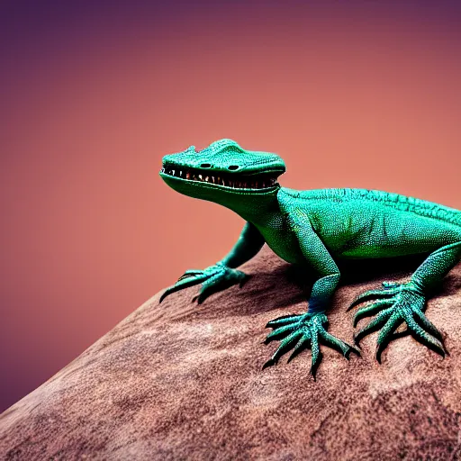 Prompt: alien lizard on a rock, hyper realism, dslr, 8 k, dynamic lighting