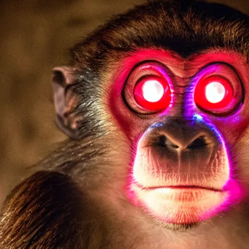 Image similar to a monkey made of stone, with glowing red eyes