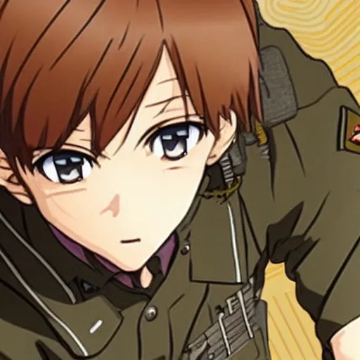 Image similar to Anime military EOD protagonist with light brown hair and brown eyes, Key Still, character design, full body shot