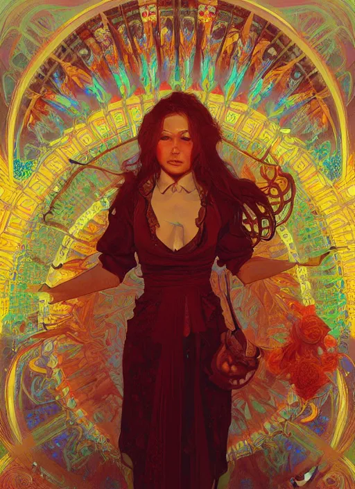 Image similar to la honda. ken kesey and the merry prankster. electric koolaid acid test. intricate, elegant, highly detailed, digital painting, artstation, concept art, wallpaper, smooth, sharp focus, illustration, art by artgerm and greg rutkowski and alphonse mucha