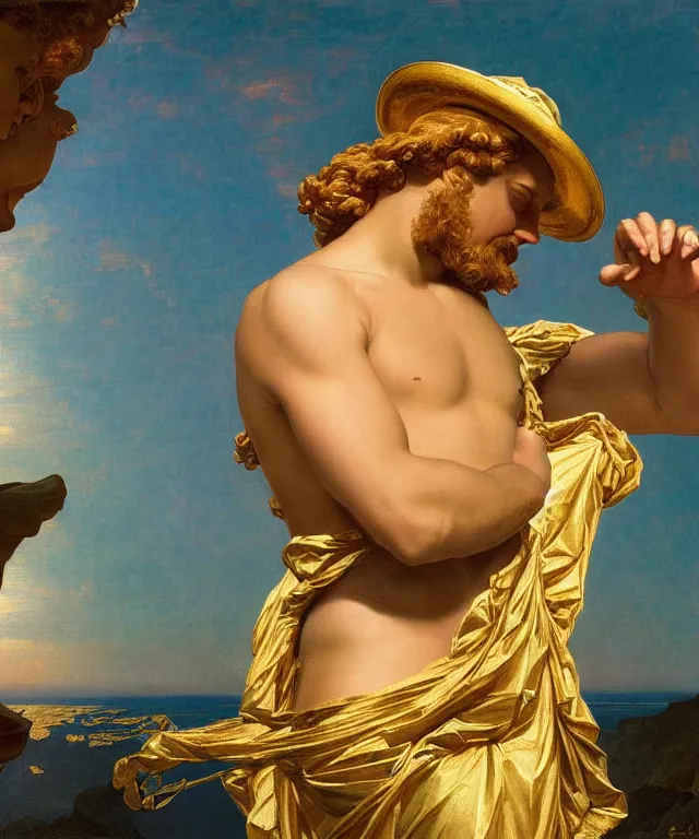 Image similar to a beautifully high detail, intricate, clear detailed portrait of a close up of zeus with an construction hat golden in teal curtain at beautiful sunset daytime nature sunlit nebula background painting by frederic leighton and rosetti, 8 k
