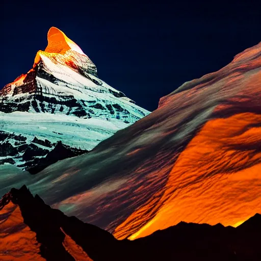 Image similar to a photo at nighttime of a powerful llumination of the matterhorn in the colors of indian flag, orange top, white middle, green base. projected illuminated on the matterhorn mountain at night