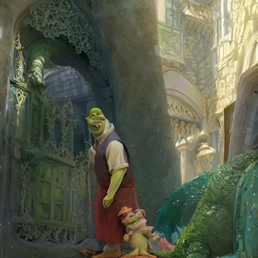 Prompt: shrek wearing jellaba playing hide and seek with the neighbors, highly detailed, digital painting, artstation, concept art, smooth, sharp focus, illustration, art by artgerm and greg rutkowski and alphonse mucha