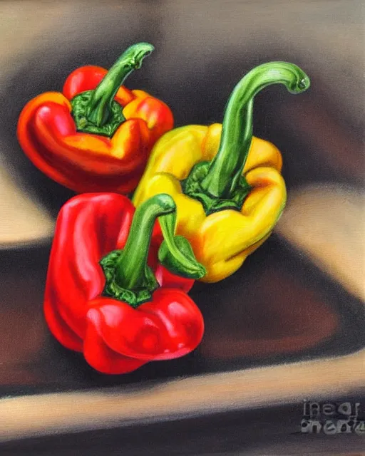 Image similar to peppers painted by Michael Godard, mustang