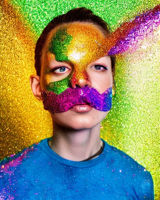 Prompt: incredible realistic vivid studio portrait, a huge glitter rainbow erupts from the mouth of the model, in the style of annie leibovitz, 8 k resolution, vsco film