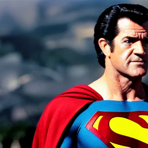 Image similar to Mel Gibson as superman, movie still, 4K, high quality