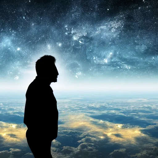 Image similar to 4K ultra HD detailed award-winning wallpaper silhouette of lonely man standing looking at Earth from far away huge vast sky universe