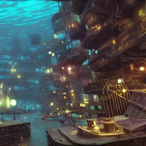 Prompt: Steampunk city underwater, inspired by Beeple, 4k, unreal engine, hyperdetailed