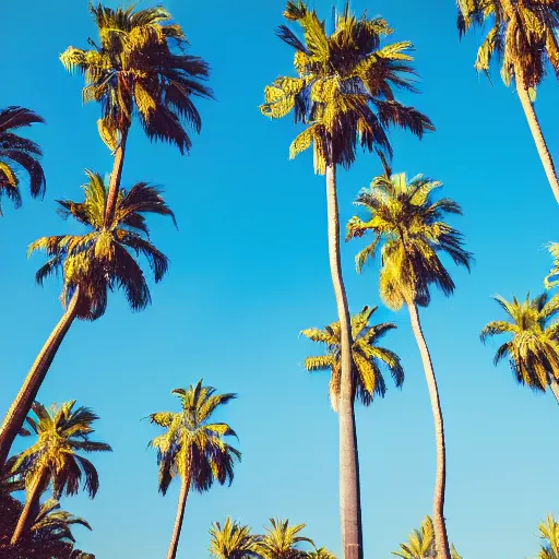 Prompt: surreal palm trees floating in blue sky, random positions floating, flying