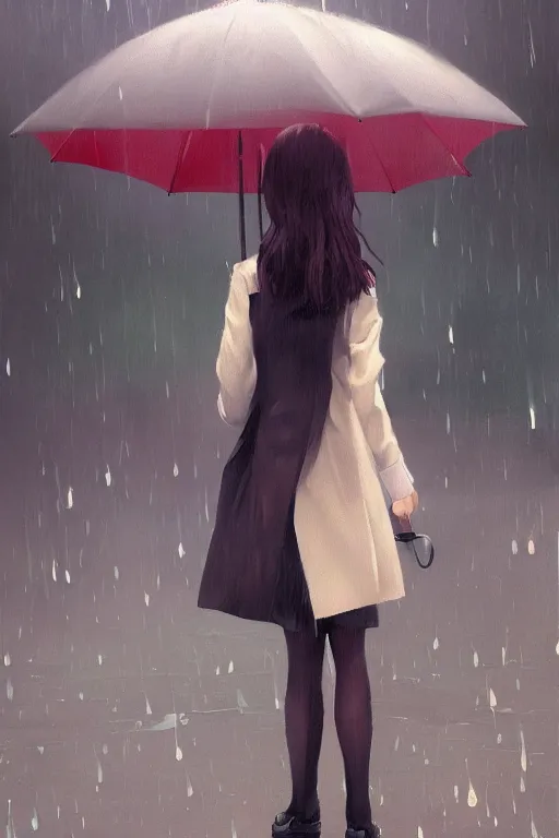 Image similar to A ultradetailed beautiful portrait panting of a stylish girl with an umbrella, rainy day, Oil painting, by Ilya Kuvshinov, Greg Rutkowski and Makoto Shinkai