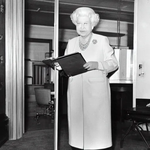 Image similar to the queen as a early cleaner in an office