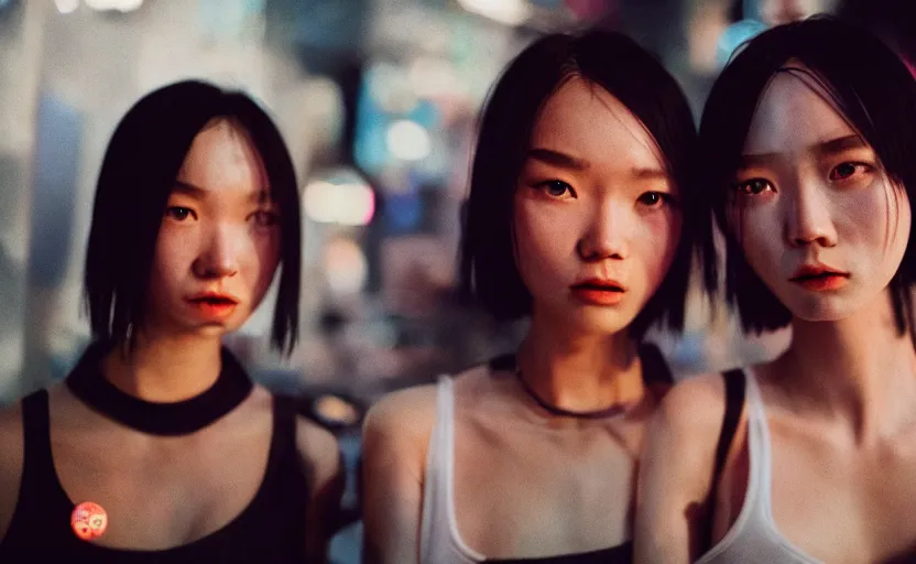 Image similar to cinestill 5 0 d photographic portrait of two female androids wearing streetwear talk at a bar in cyberpunk china, extreme closeup, modern cyberpunk, dust storm, 8 k, hd, high resolution, 3 5 mm, f / 3 2, ultra realistic faces, intricate detail, ex machina