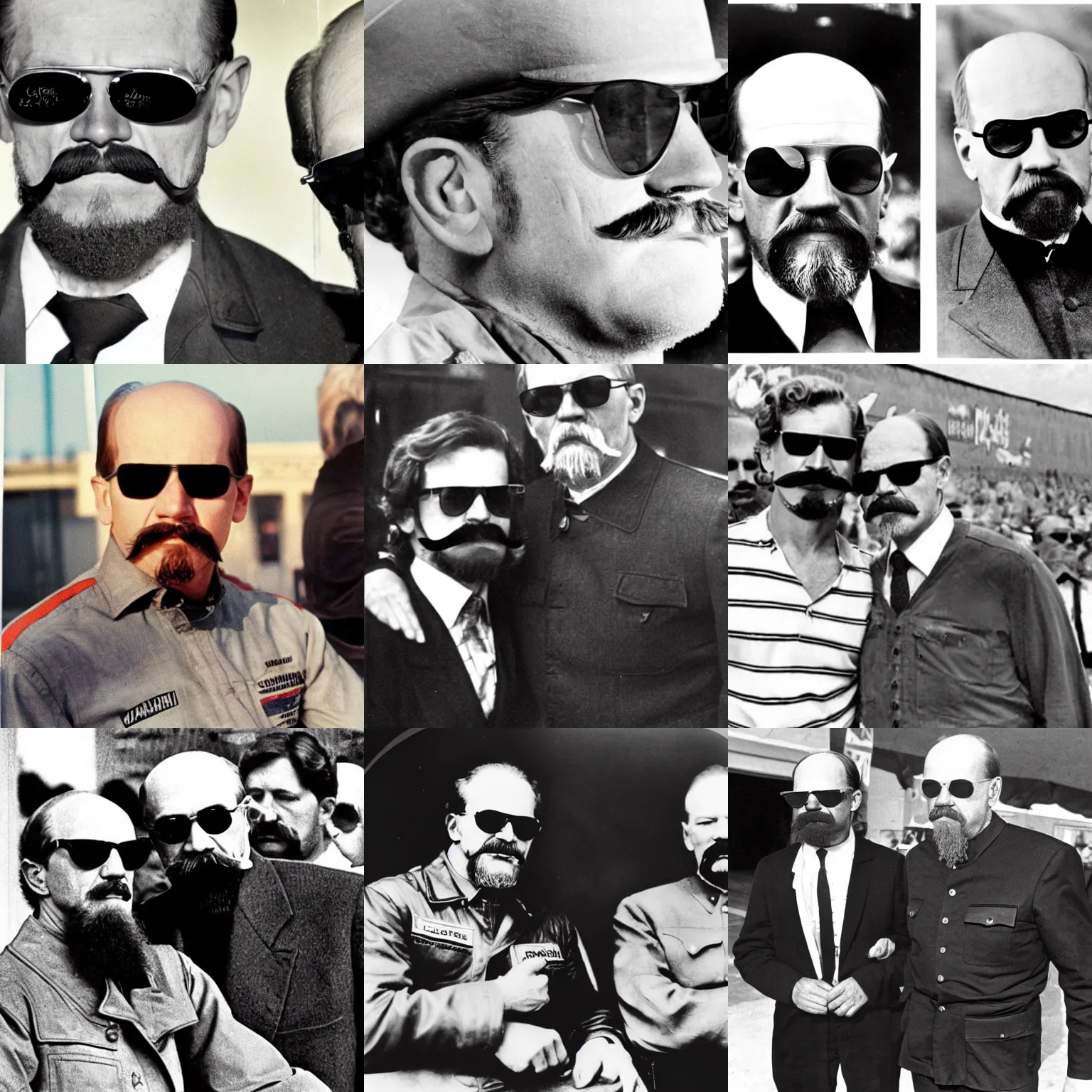 Prompt: a color photo of Dale Earnhardt with sunglasses and a mustache and Vladimir Lenin