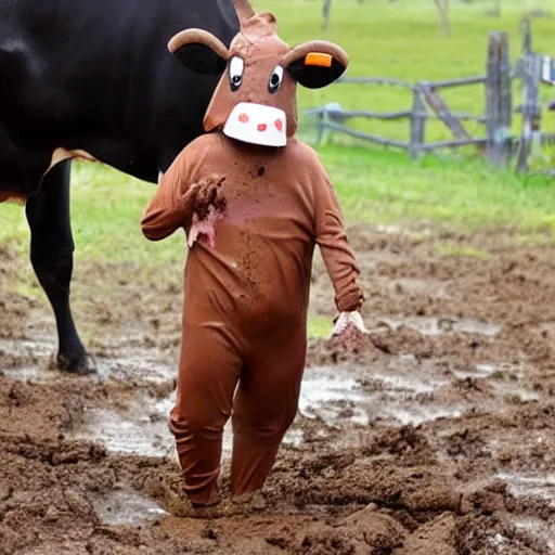 Image similar to a person in a cow costume, stuck in mud