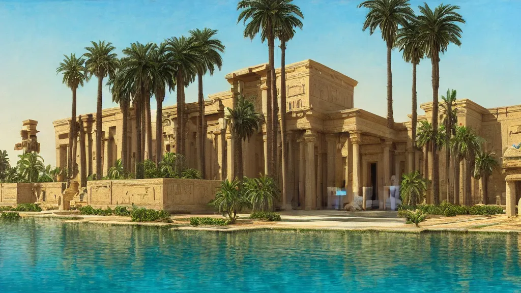 Image similar to an oil painting of the front of a new egyptian!! palace, with a small pool in front, exterior view, close - up, mid - day, palm trees and lush vegetation,!! hieroglyphs on the buildings, ray - traced reflections of the buildings and trees in the water