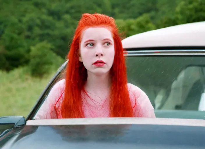 Image similar to A very high resolution image from a new movie, landscape from a car window , teen red hair woman, raining, hot, directed by wes anderson