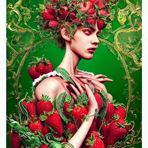 Prompt: the portrait of an absurdly beautiful, graceful, elegant, sophisticated, fashionable woman made of strawberries and green petals focusing hard, an ultrafine hyperdetailed illustration by kim jung gi, irakli nadar, intricate linework, bright colors, octopath traveler, final fantasy, unreal engine 5 highly rendered, global illumination, radiant light, detailed and intricate environment