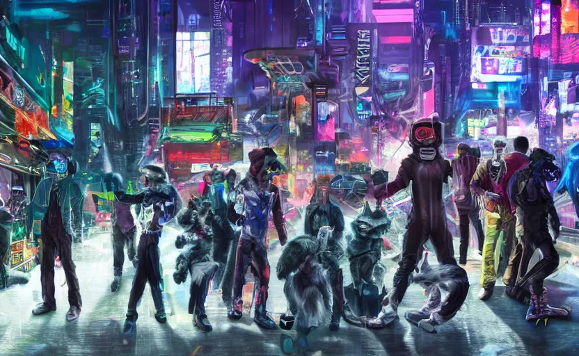 Image similar to high - resolution photograph from a cyberpunk era furry fandom convention ( midwest furfest 2 0 4 7 ), taking place after the genetic revolution and quantum singularity. photorealistic.