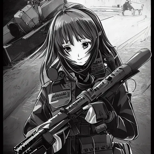 Image similar to manga style, black inking, modern warfare, portrait of a girl under artillery fire, trench sandbags in background, soldier clothing, long hair, hair down, symmetrical facial features, comic page, trending pixiv, black shadow patterns, by akihito yoshitomi, cushart kenz