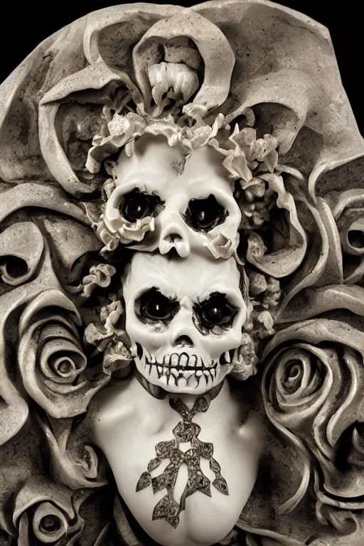 Image similar to Dramatic view of La catrina statue sculpted on white stained marble by Bernini and kris kuksi