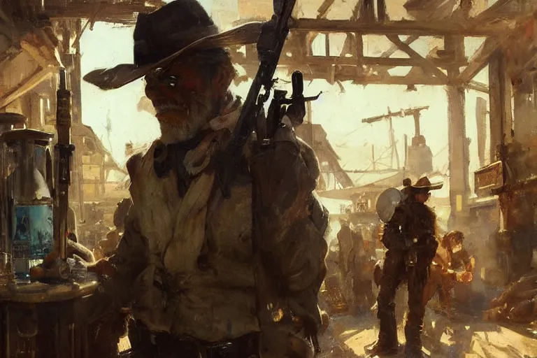 Image similar to oil painting of old rugged robot bounty hunter in a bar fight in dusty wild west town, art by anders zorn, wonderful masterpiece by greg rutkowski, beautiful cinematic light, american romanticism by greg manchess, jessica rossier and norman rockwell