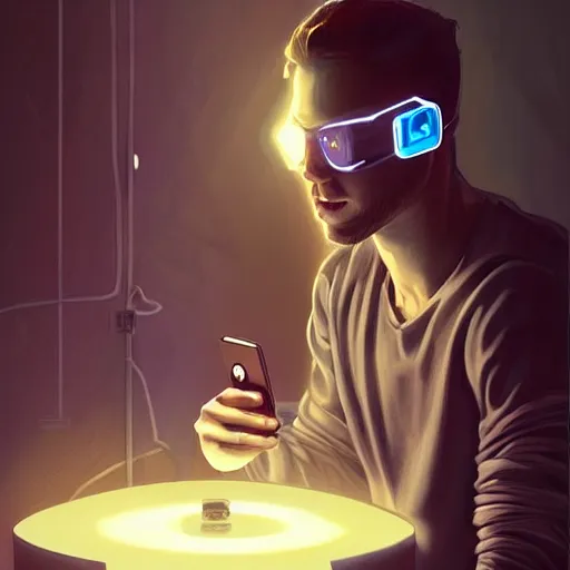 Prompt: young man looking at his phone with a shocked face sitting on a stool in a dark room with laser light, glistening skin, cyberpunk, art nouveau, dynamic lighting, high detail, concept art, artstation. by Paolo Eleuteri Serpieri
