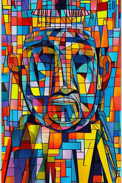 Image similar to abstract cubist moai statue geometric cutout digital illustration cartoon colorful beeple