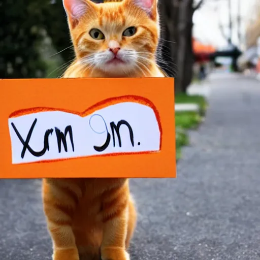 Prompt: cute orange tabby cat holds sign that says