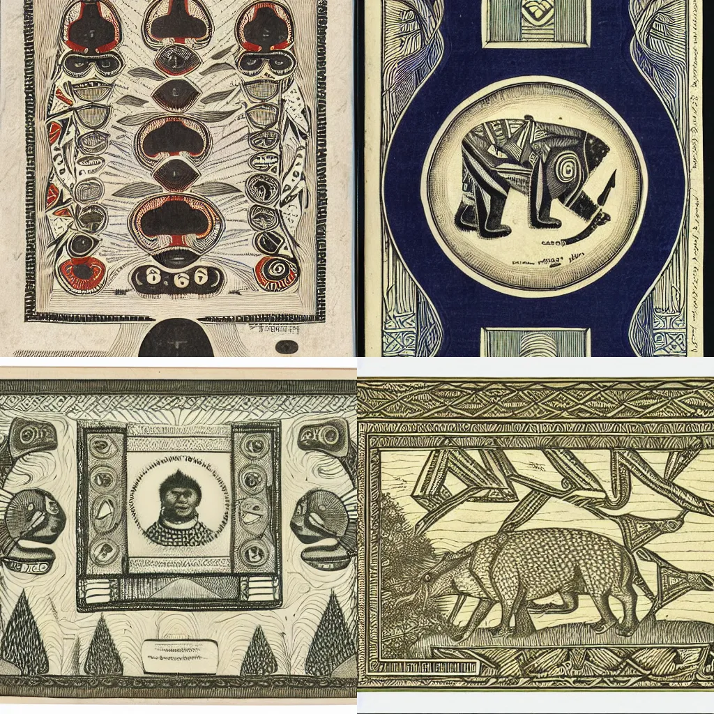 Prompt: a design of a Selknam money bill of 20, engraving and decoration with aboriginal design and illustrations of Patagonian animals by gustav dure, with well-defined edges and clear figures, sharp contrast