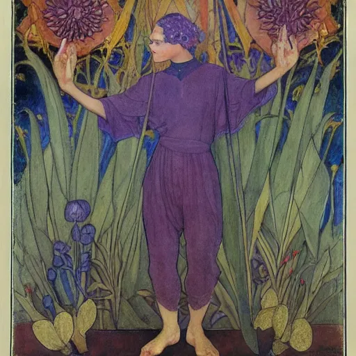 Image similar to the flower prince, by Annie Swynnerton!!!! and Nicholas Roerich! and (Edmund Dulac) and ((((Diego Rivera)))), tattoos, elaborate costume, geometric ornament, symbolist, rich colors, dramatic lighting, smooth, sharp focus, extremely detailed