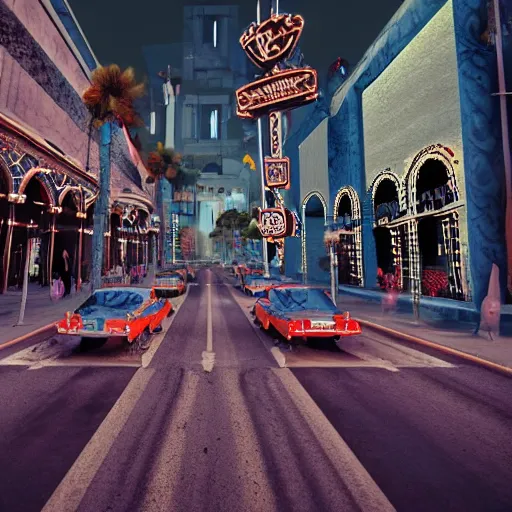 Image similar to gothic style Las Vegas in 1973, chicken heads Elvis body, anthropomorphic Elvis chickens roaming the streets and driving Cadillacs, bright light city, high octane, 8k vray render, subsurface scatter, drum scanner, intricate complexity, cinematic quality