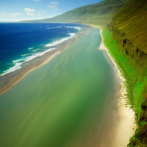 Image similar to a beach with green sand, 3 5 mm, realistic