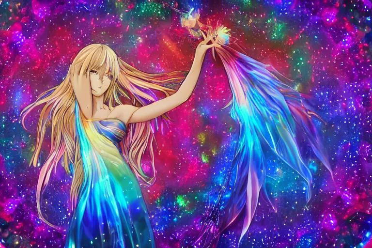Image similar to psychedelic, full body, whimsical, anime, 4k, beautiful intimate woman holding a fancy dreamcatcher, with professional makeup, long trippy hair that is floating on the water, a crystal and shimmering flower dress, sitting in a reflective pool, surrounded by gems, underneath the stars, rainbow fireflies, trending on patreon, deviantart, twitter, artstation, volumetric lighting, heavy contrast, art style of Ross Tran and Viktoria Gavrilenko and Ilya Kuvshinov